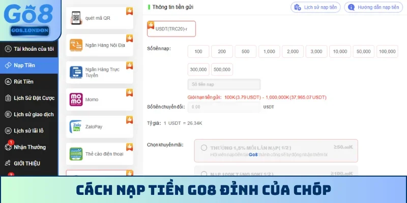Cách nạp tiền GO8 đỉnh của chóp